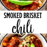 Bowl of smoked brisket chili topped with avocado, cheese, and onions made with leftover smoked brisket and mixed beans.