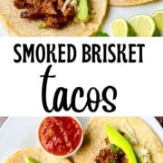 Two smoked brisket tacos topped with avocado slices, shredded cheese, and cilantro on a white plate with lime wedges.