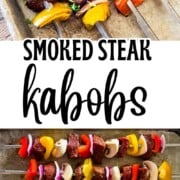 Finished steak kabobs with peppers and mushrooms on a metal serving tray.