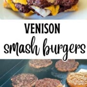Double venison smash burger topped with melted cheese, pickles, and smashburger sauce on a toasted bun, made with ground deer meat and cooked on a hot cast iron skillet.