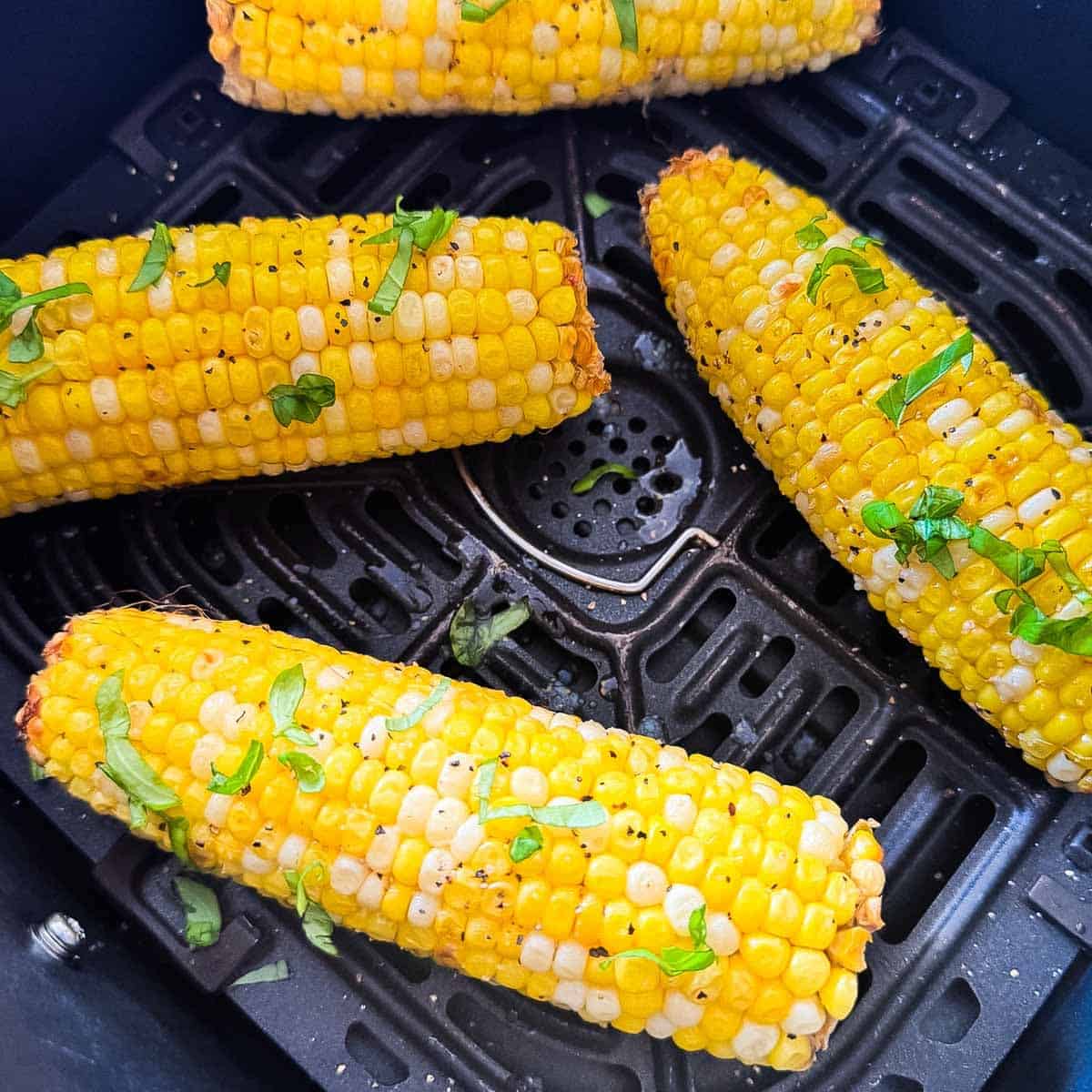 Four ears of air fryer corn on the cob seasoned with black pepper and fresh herbs in an air fryer basket.
