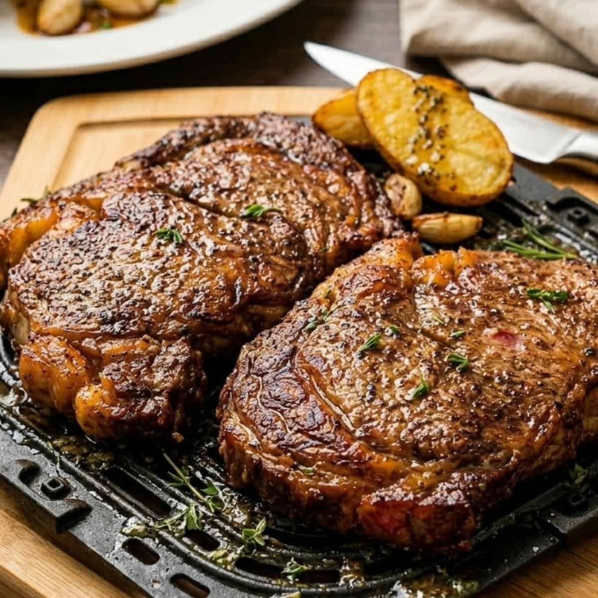 Juicy air fryer steak with a browned crust served with roasted potatoes and broccoli.