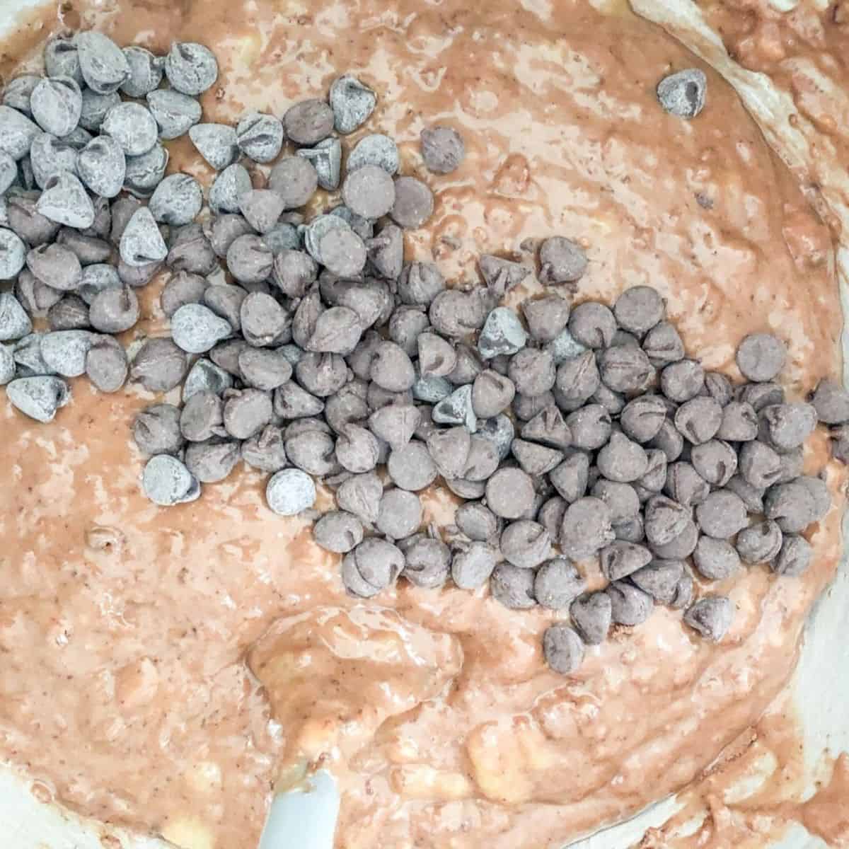 Chocolate chips added to the batter mixture.