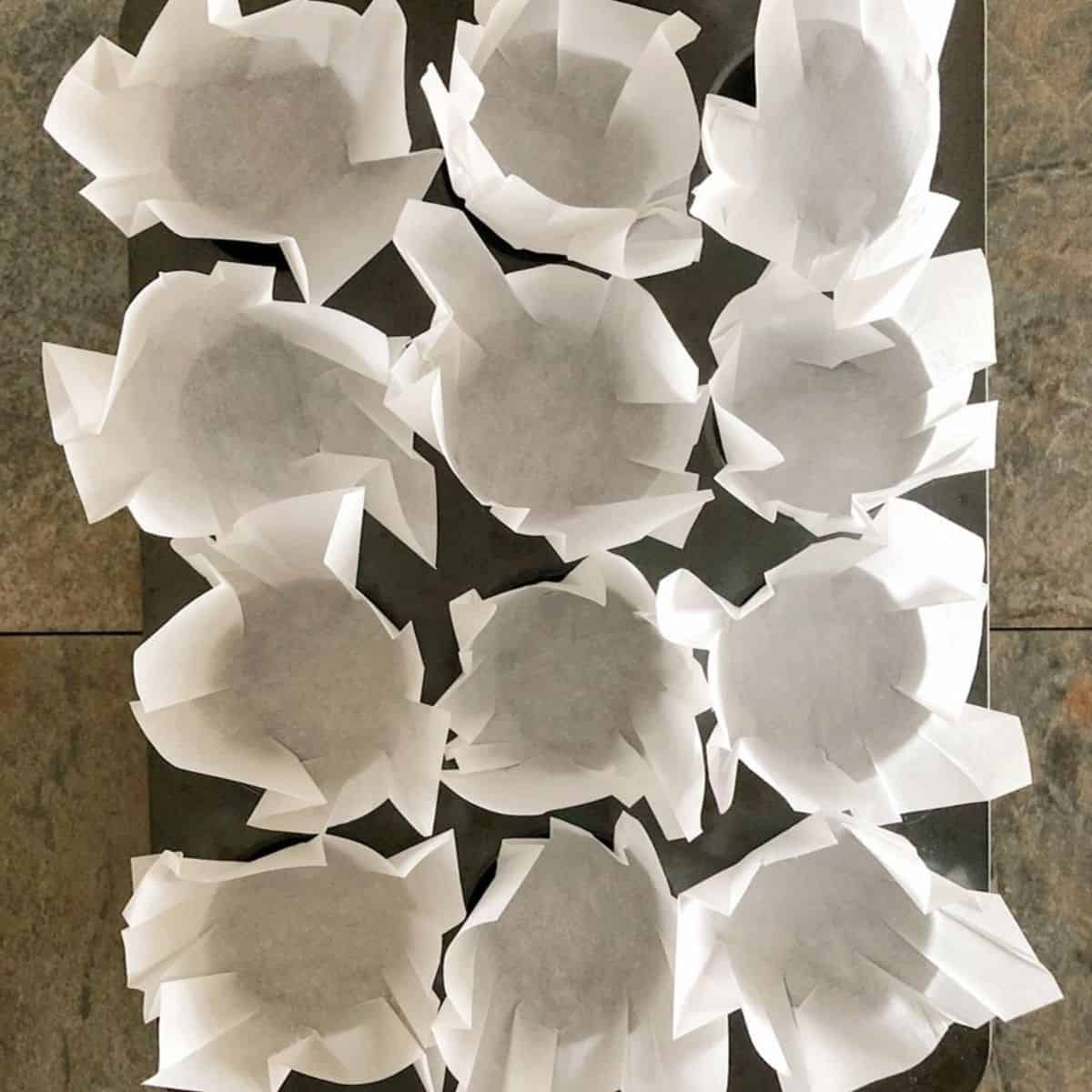 Homemade paper liners for bakery style chocolate banana muffins in a muffin tin.