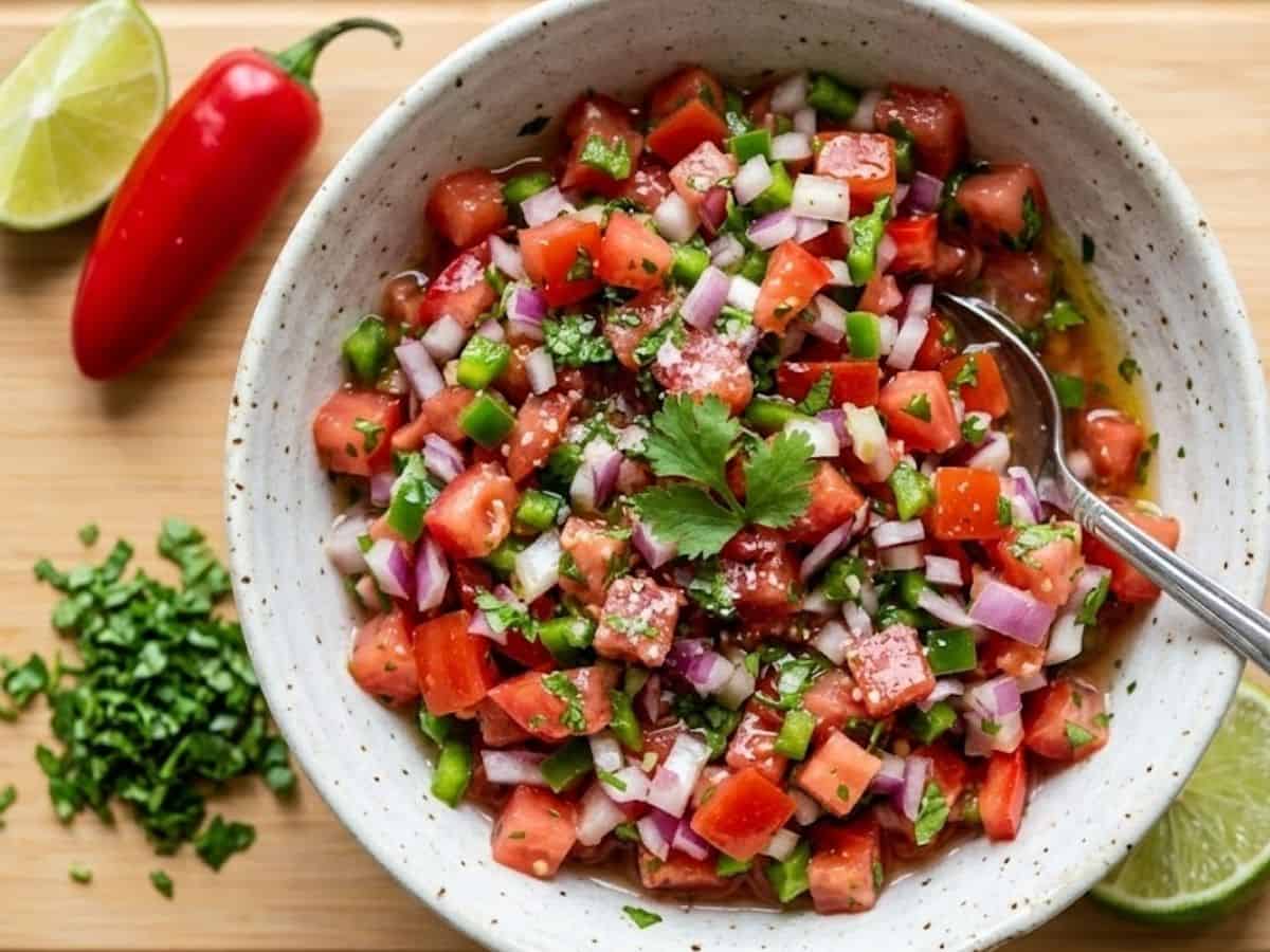 Freshly made pico de gallo on a wooden cutting board.