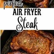 Two perfectly cooked, juicy ribeye steaks topped with melting herb butter and fresh rosemary, styled beautifully on a dark metal grate over a wooden cutting board with sides of broccoli and roasted potatoes.
