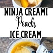 A scoop of Ninja Creami peach ice cream in a chilled bowl with text overlay reading "Ninja Creami Peach Ice Cream."