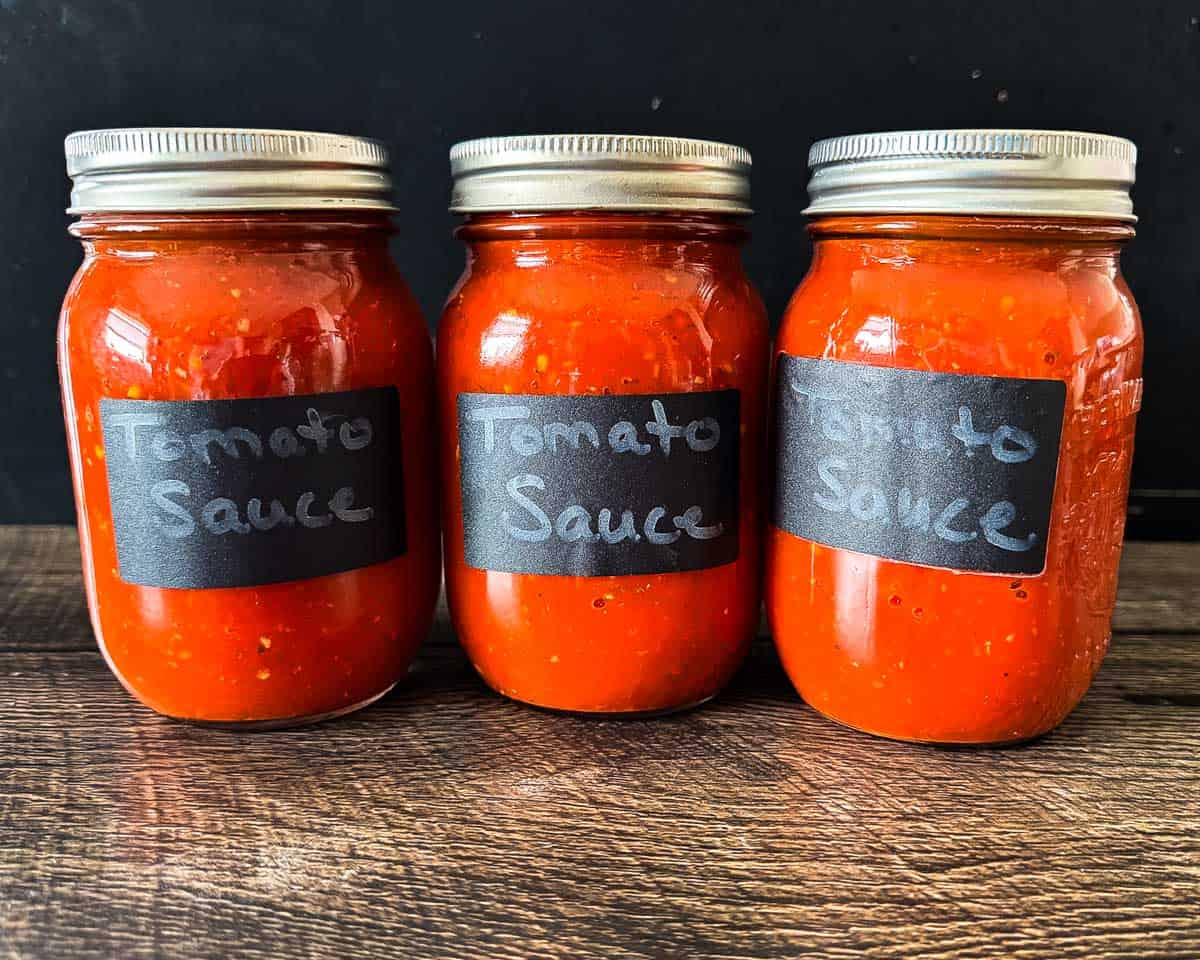 Freshly canned sauce in jars after it has cooled.