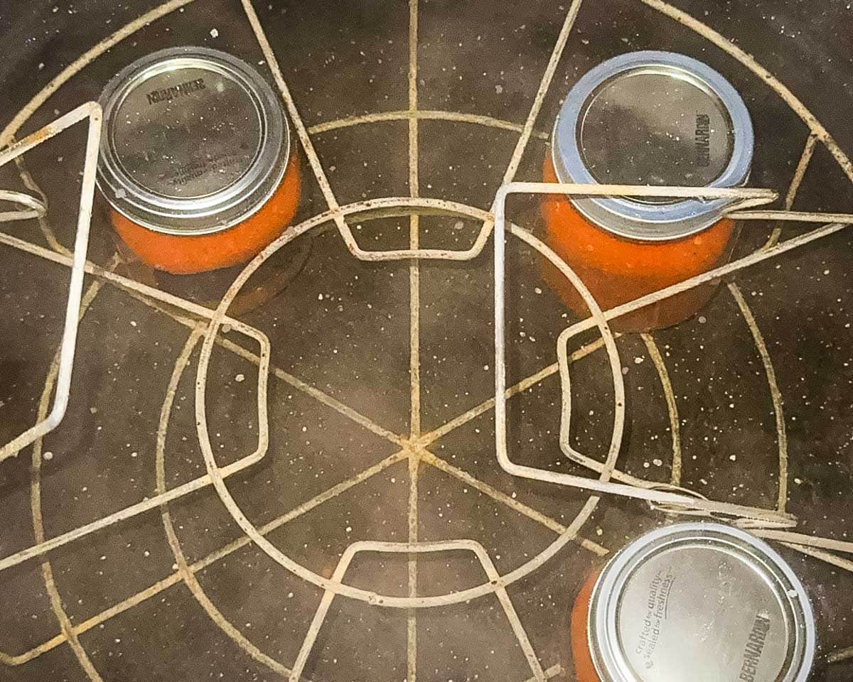 Jars of tomato sauce processing in a boiling water bath canner.