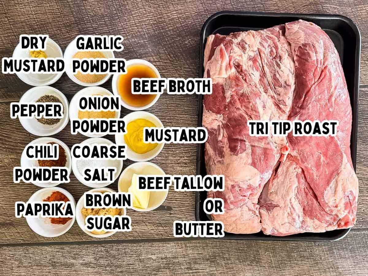 Labeled ingredients for smoked tri tip like brisket on a wooden table.