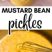 Mustard bean pickles in a glass canning jar with a red lid, showing the golden mustard sauce coating tender yellow wax beans.
