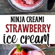 Close-up of a white bowl filled with two scoops of ultra-creamy ninja creami fresh strawberry ice cream and sliced fresh berries, with a spoon tucked inside.
