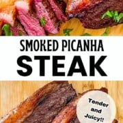Brazilian picanha steak smoked on a pellet grill and sliced to reveal a tender pink center.