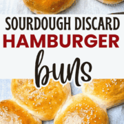 Golden brown sourdough discard hamburger buns topped with sesame seeds and the text "Sourdough Discard Hamburger Buns."