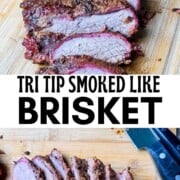 Tender slices of smoked tri tip with a peppery bark and visible smoke ring.