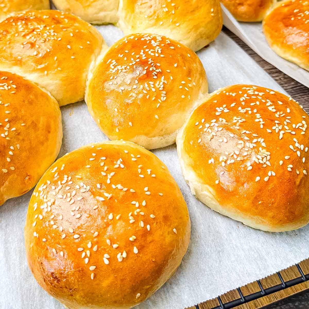 Freshly baked sourdough burger buns made with sourdough discard and sesame seeds.