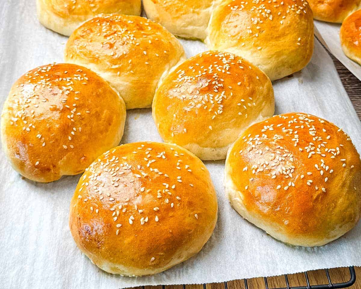 Freshly baked sourdough discard hamburger buns with golden tops and sesame seeds.