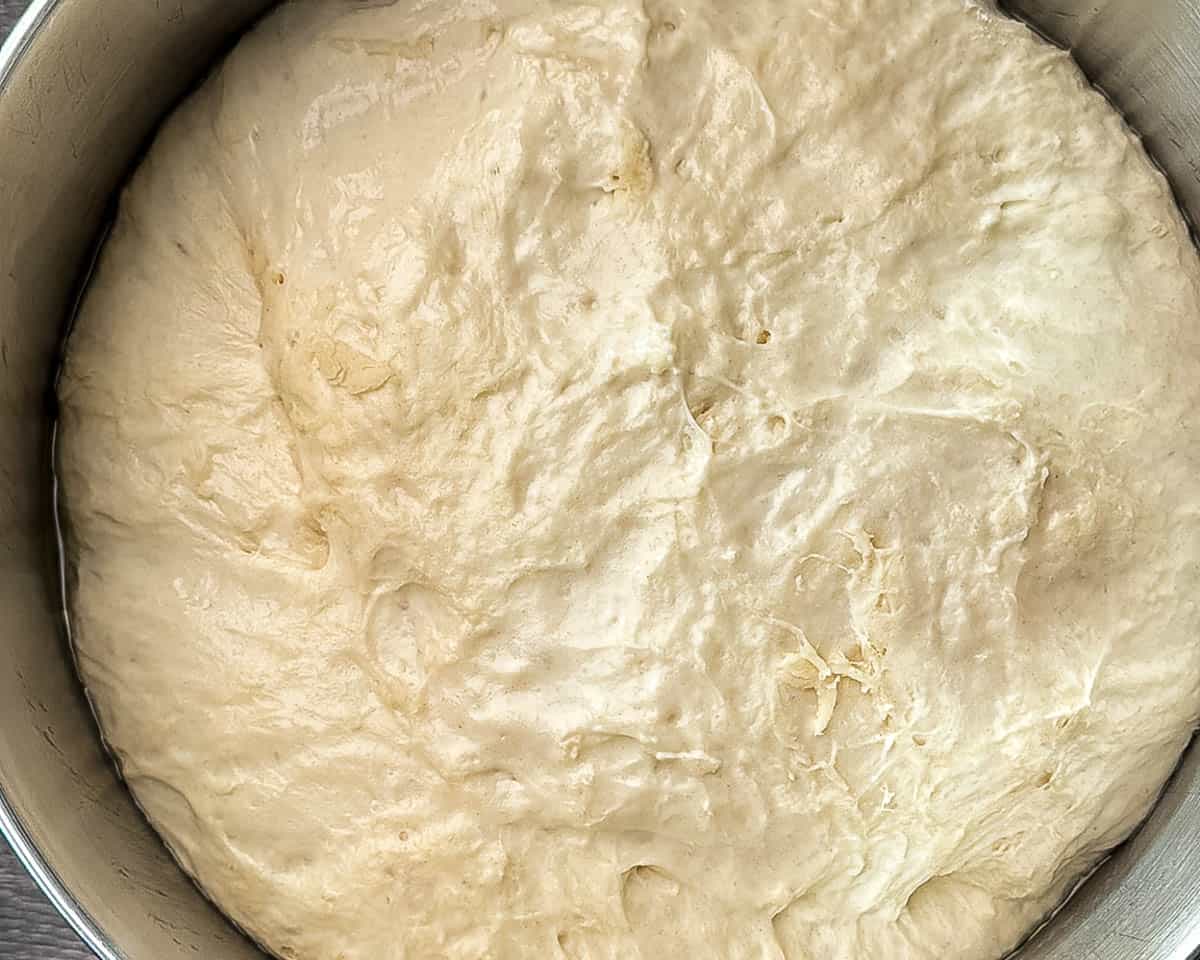 Sourdough discard hamburger bun dough after the first rise in a mixing bowl.