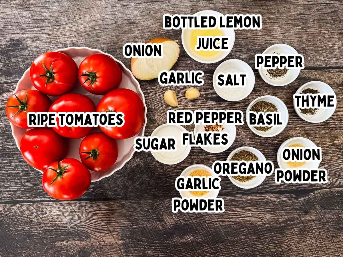 Fresh ripe tomatoes with herbs and spices for cooking at Winding Creek Ranch.