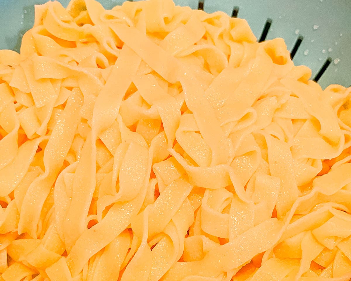 Cooked fettuccine pasta draining in a colander.