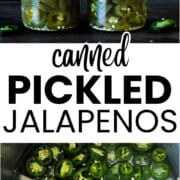 Four small mason jars filled with homemade canned jalapeño pepper slices in pickling brine, stacked on a dark wooden surface.