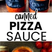 Jar of homemade canned pizza sauce made with fresh tomatoes, onion, garlic, and Italian herbs, processed with a water bath canner for shelf-stable storage. Perfect for homemade pizza and pantry stocking.