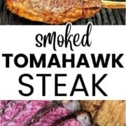 Sliced smoked tomahawk steak cooked on a pellet grill with a browned reverse-seared crust and juicy pink center.