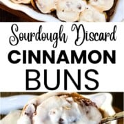 Soft and fluffy sourdough discard cinnamon buns topped with vanilla icing in a baking dish.