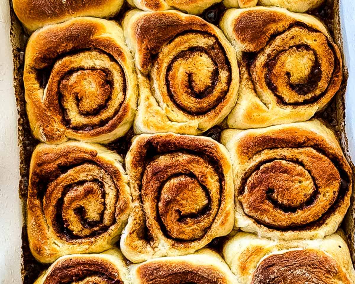 Cinnamon buns in a baking dish after the baking time is over, showing the golden brown tops.