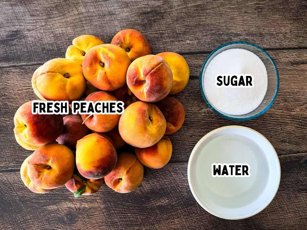 Fresh yellow peaches, sugar, and water for making canned peaches.