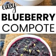 Homemade blueberry compote with whole blueberries and lemon zest in a white bowl, ready to serve over pancakes, waffles, cheesecake, or ice cream.