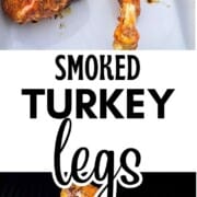 Smoked turkey legs with crispy skin in a white serving dish.