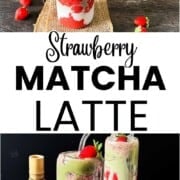 Iced strawberry matcha latte layered with fresh strawberry puree, milk, and green matcha in a clear glass.