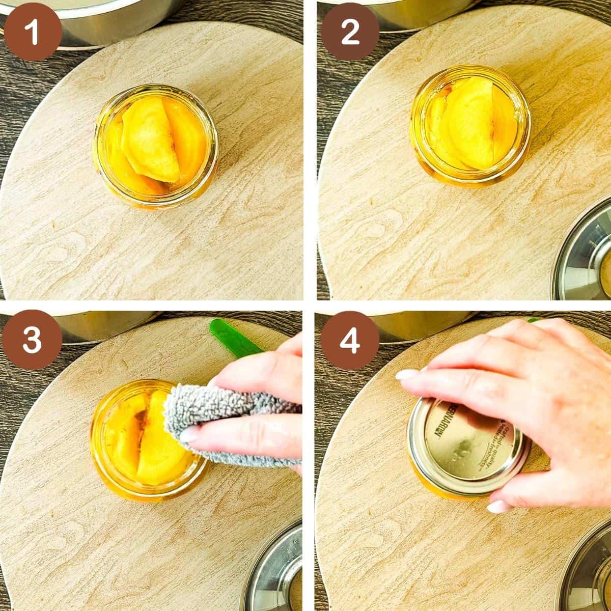 Steps for packing peaches in jars, adding hot syrup, wiping the rim, and applying the canning lid.