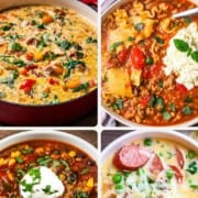 A four-image collage featuring bowls of cozy soups and chilis, including creamy chicken soup, brisket chili, and hearty stew.
