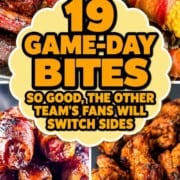A four-image grid featuring a variety of game-day snacks, including wings and burnt ends, arranged as a spread of hearty bites.
