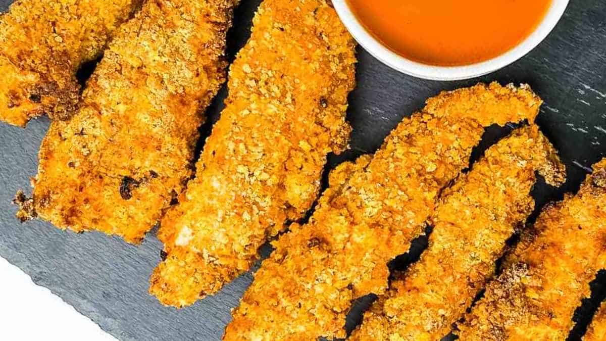 Crispy chicken tenders on a serving plate with buffalo dipping sauce.