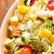 Parmesan vegetable pasta salad in a large serving bowl.