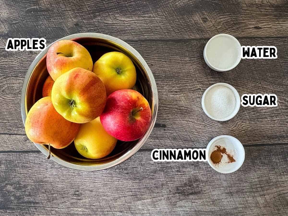 Labeled ingredients on a wooden table for simple canned applesauce recipe for beginners.